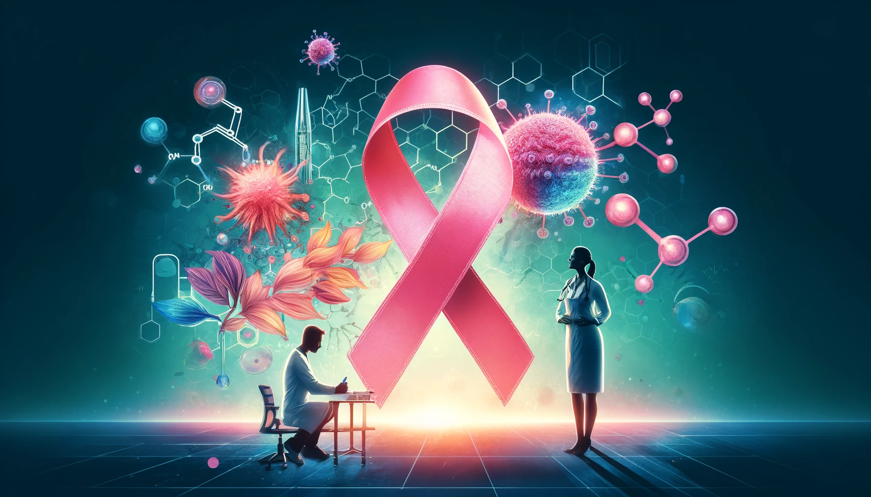 DALL·E-2024-03-29-20.36.26-Create-an-image-that-symbolizes-hope-and-innovation-in-the-treatment-of-HER2-positive-breast-cancer.-The-image-should-include-a-symbolic-pink-ribbon-