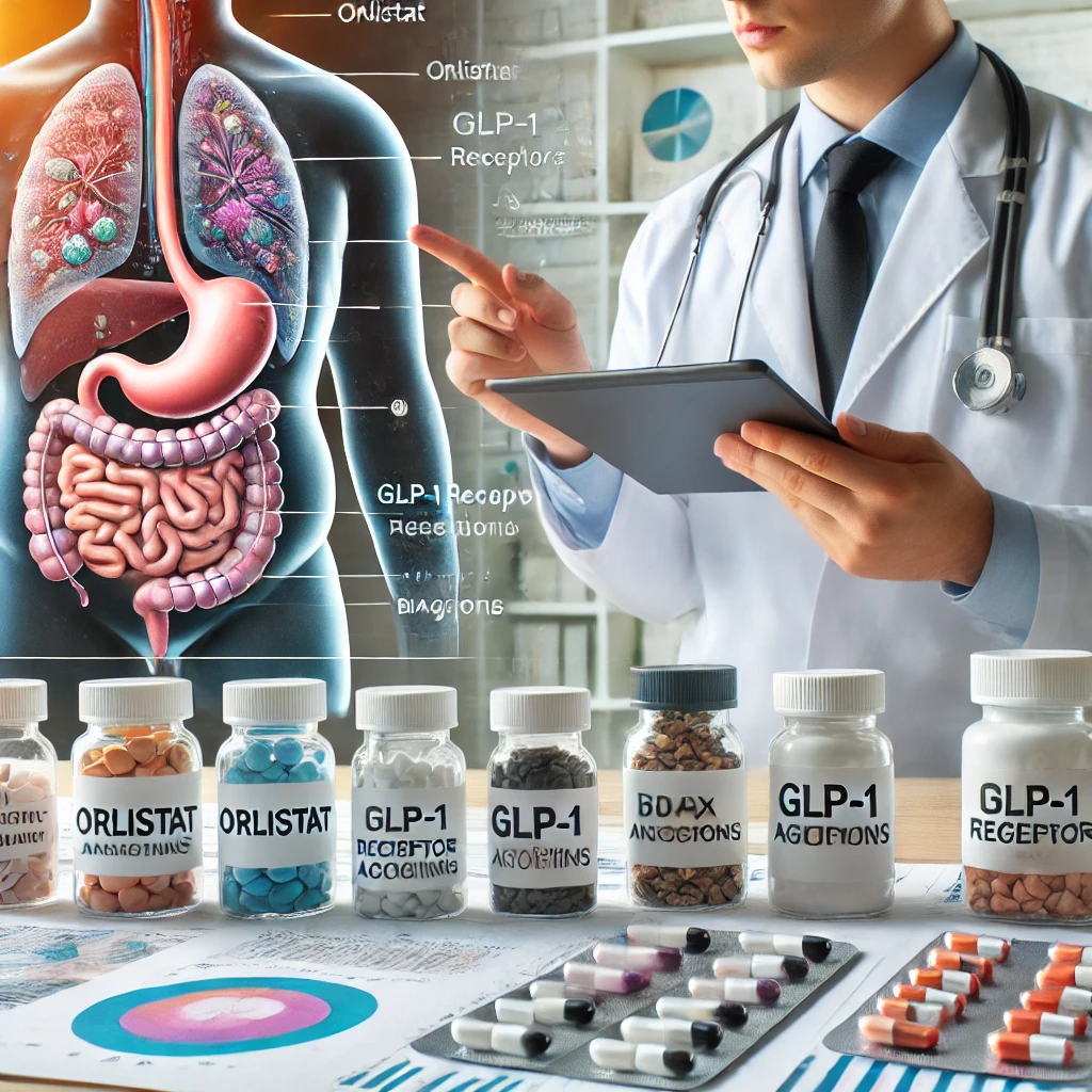 DALL·E-2024-06-23-21.50.06-A-medical-scene-showing-various-anti-obesity-medications-such-as-orlistat-GLP-1-receptor-agonists-and-biagonists-displayed-on-a-table.-The-backgro