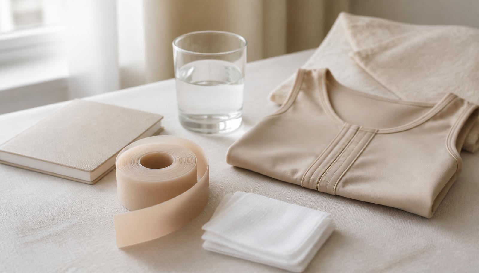 Fita de silicone, malha compressiva, gaze e água sobre mesa clara — kit de recuperação pós-operatória